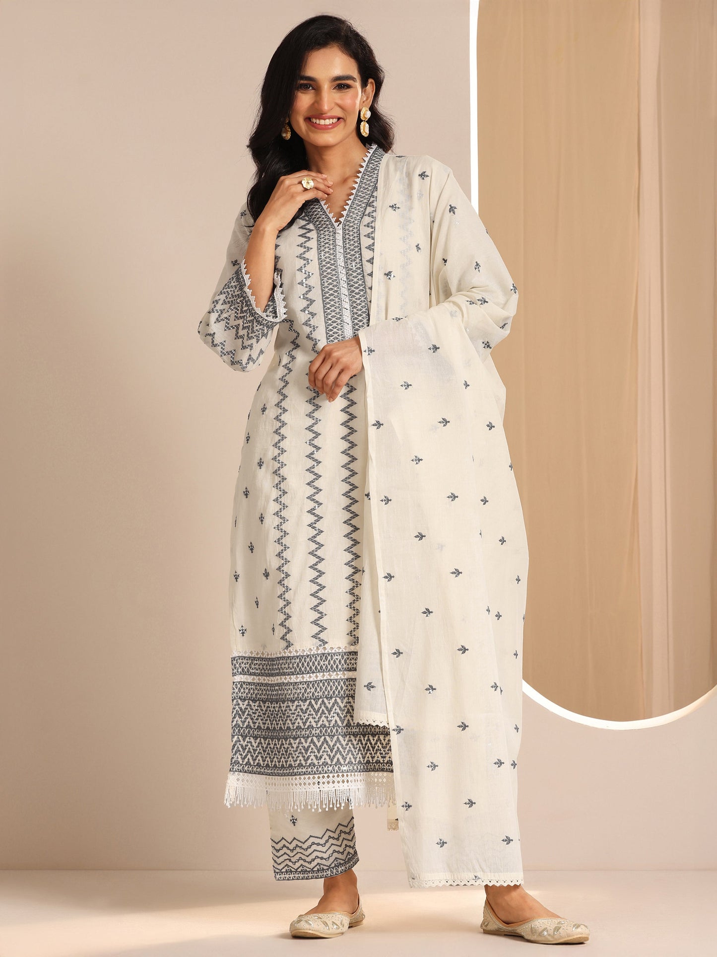 Off White Embroidered Cotton Straight Suit Set With Dupatta