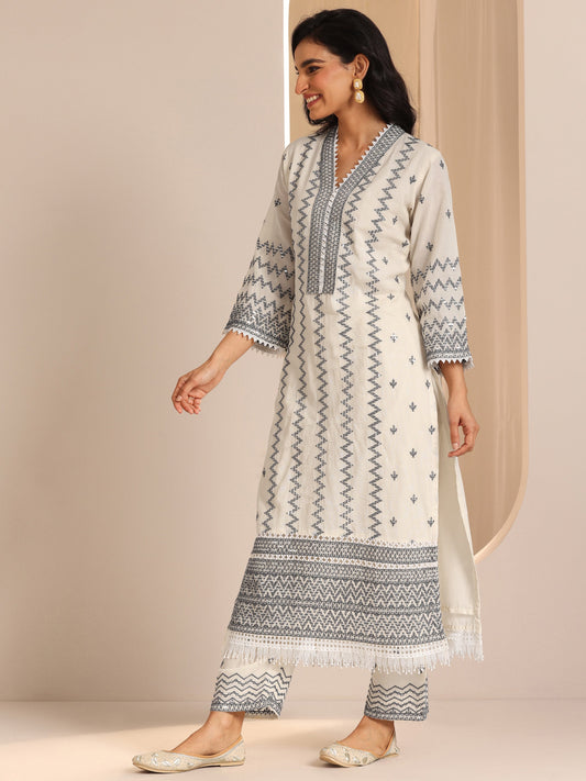 Off White Embroidered Cotton Straight Suit Set With Dupatta