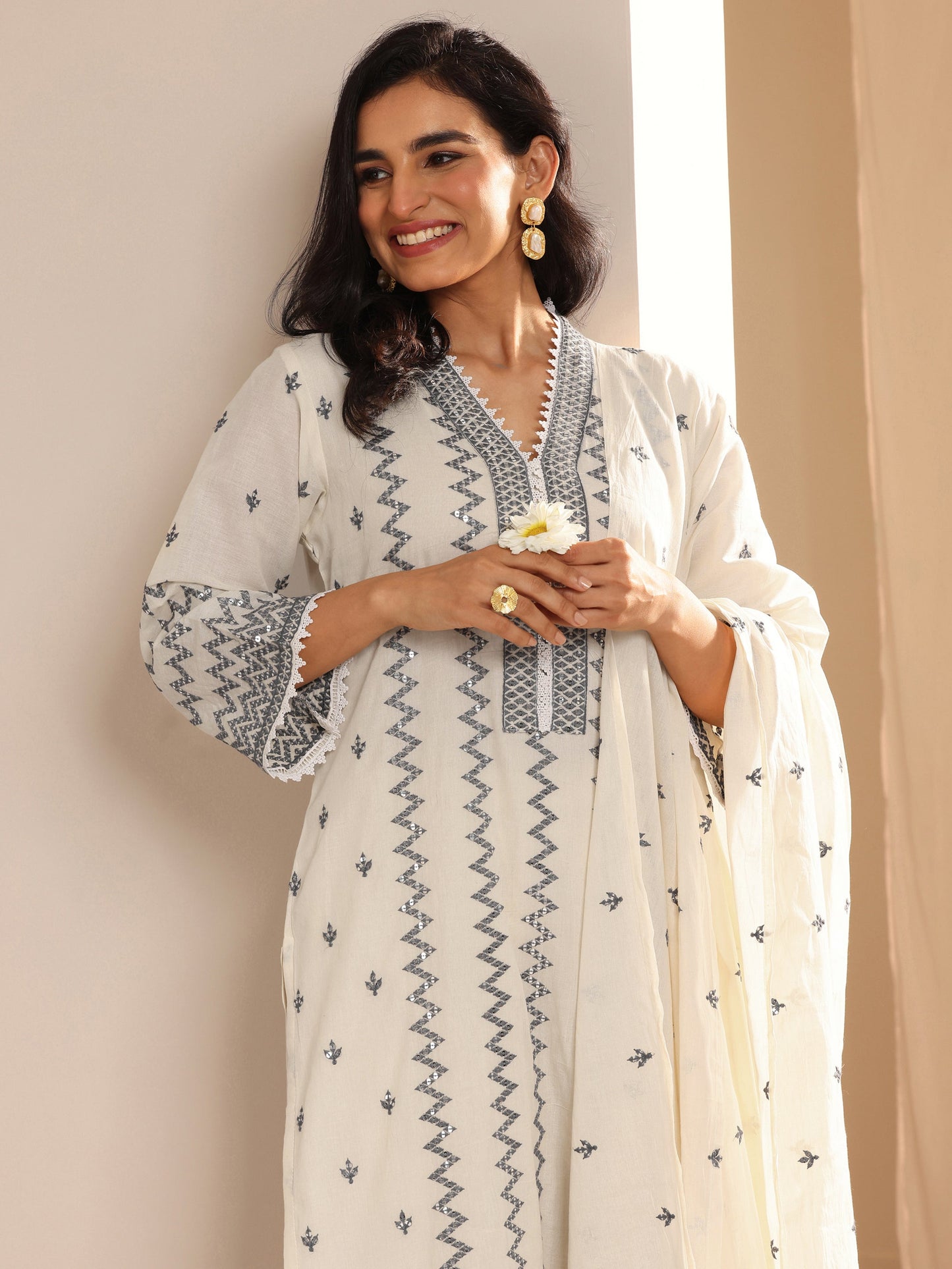 Off White Embroidered Cotton Straight Suit Set With Dupatta