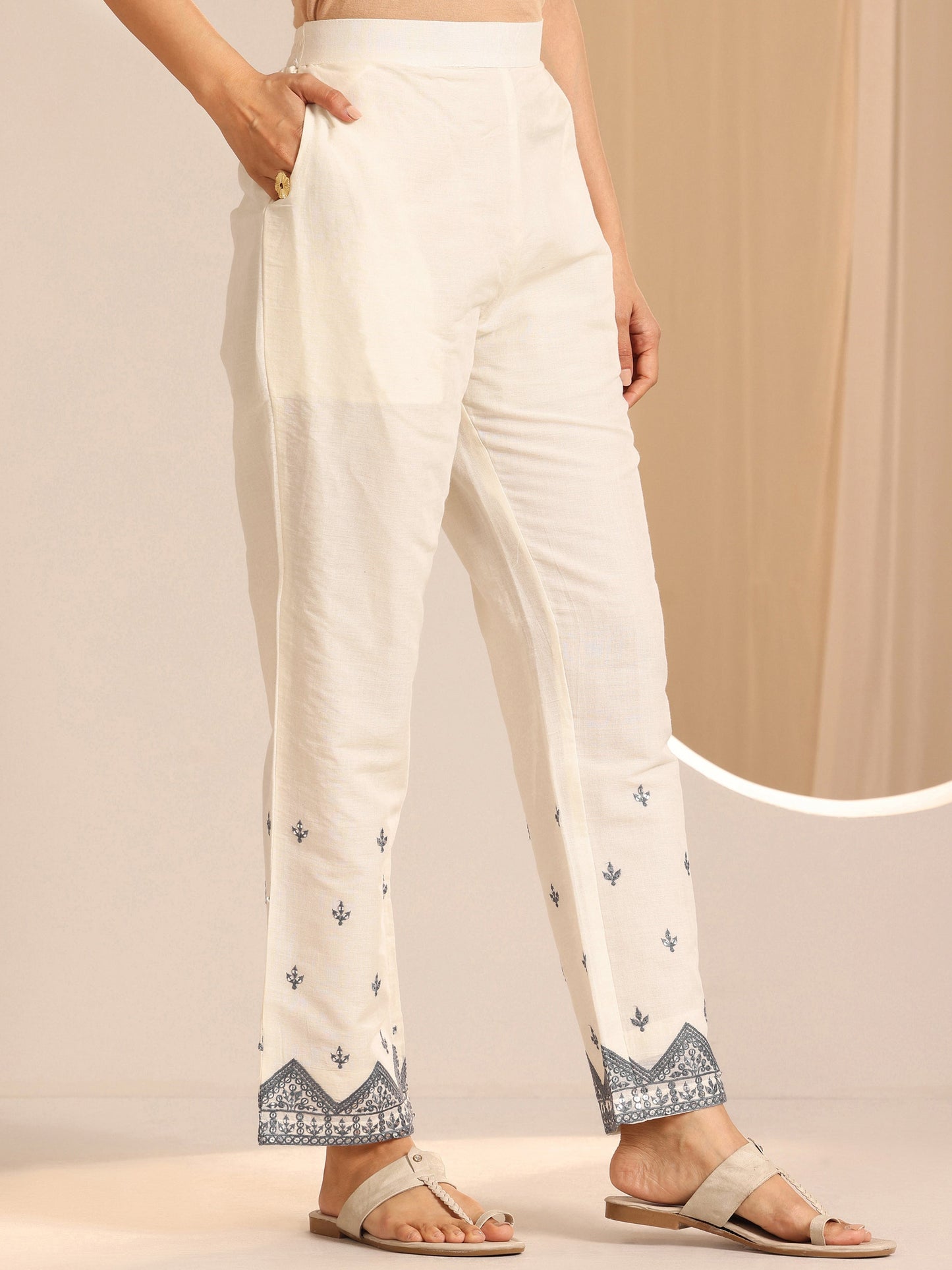 Off White Embroidered  Straight Suit Set With Dupatta