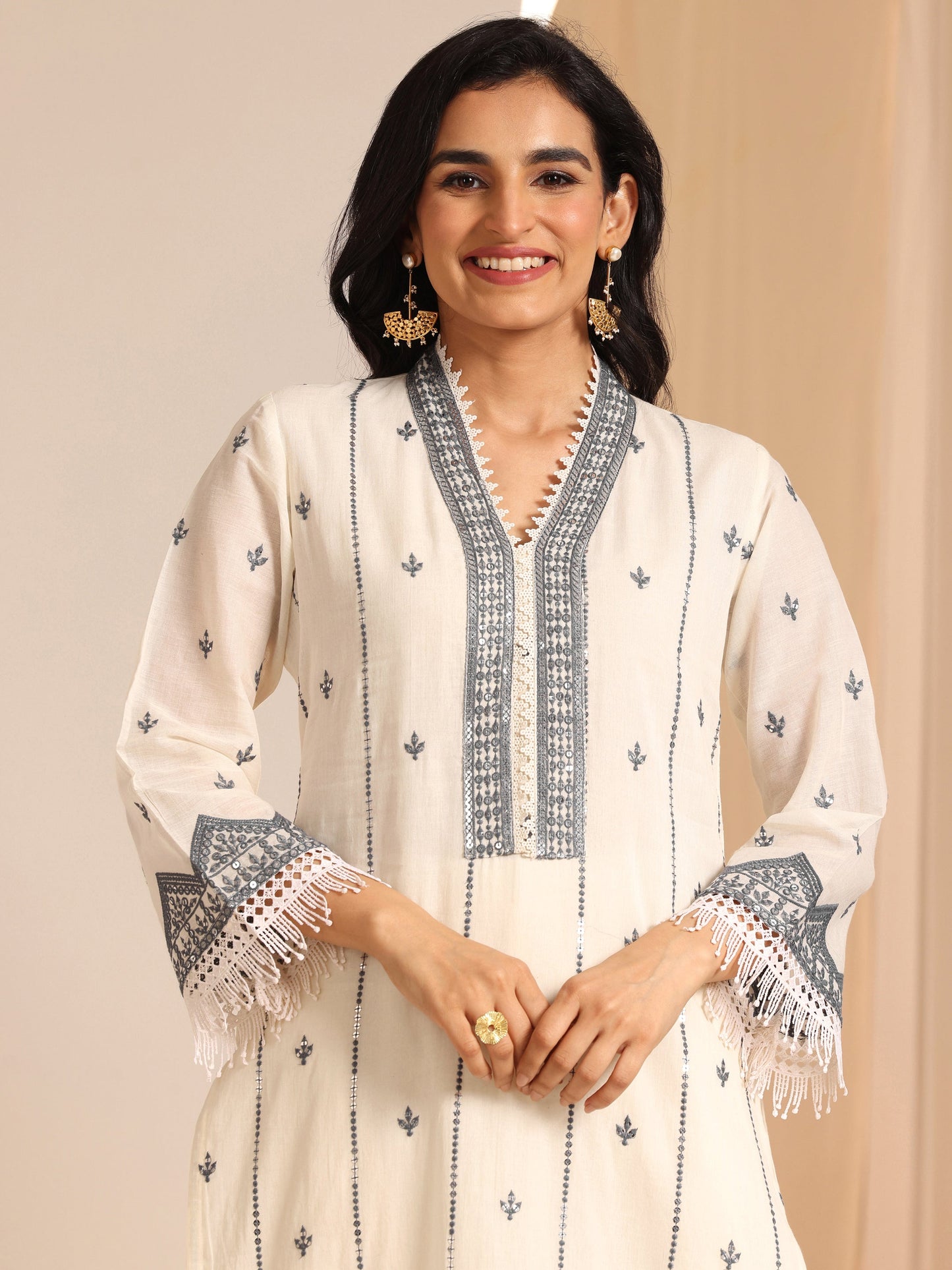 Off White Embroidered  Straight Suit Set With Dupatta