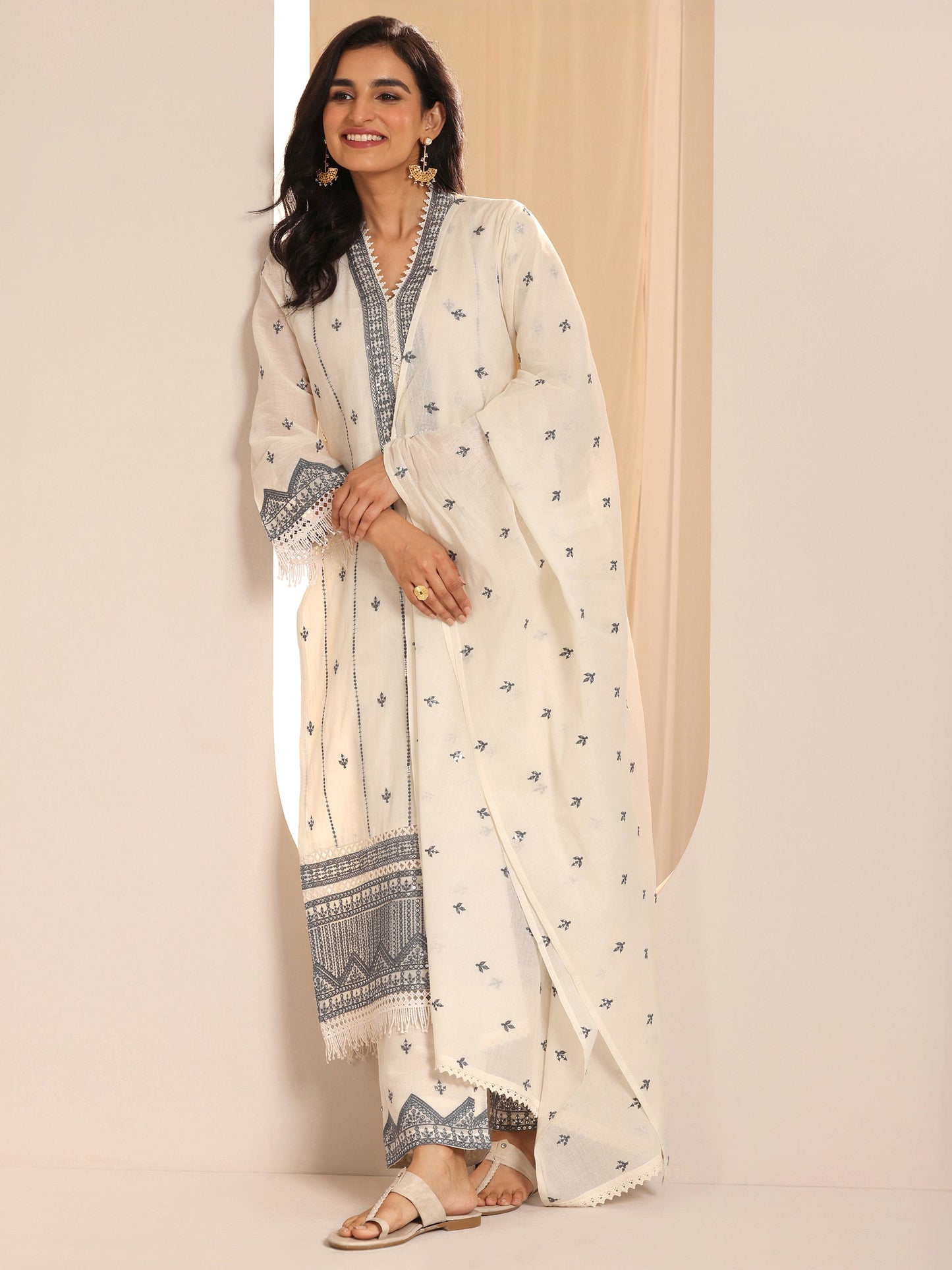 Off White Embroidered  Straight Suit Set With Dupatta