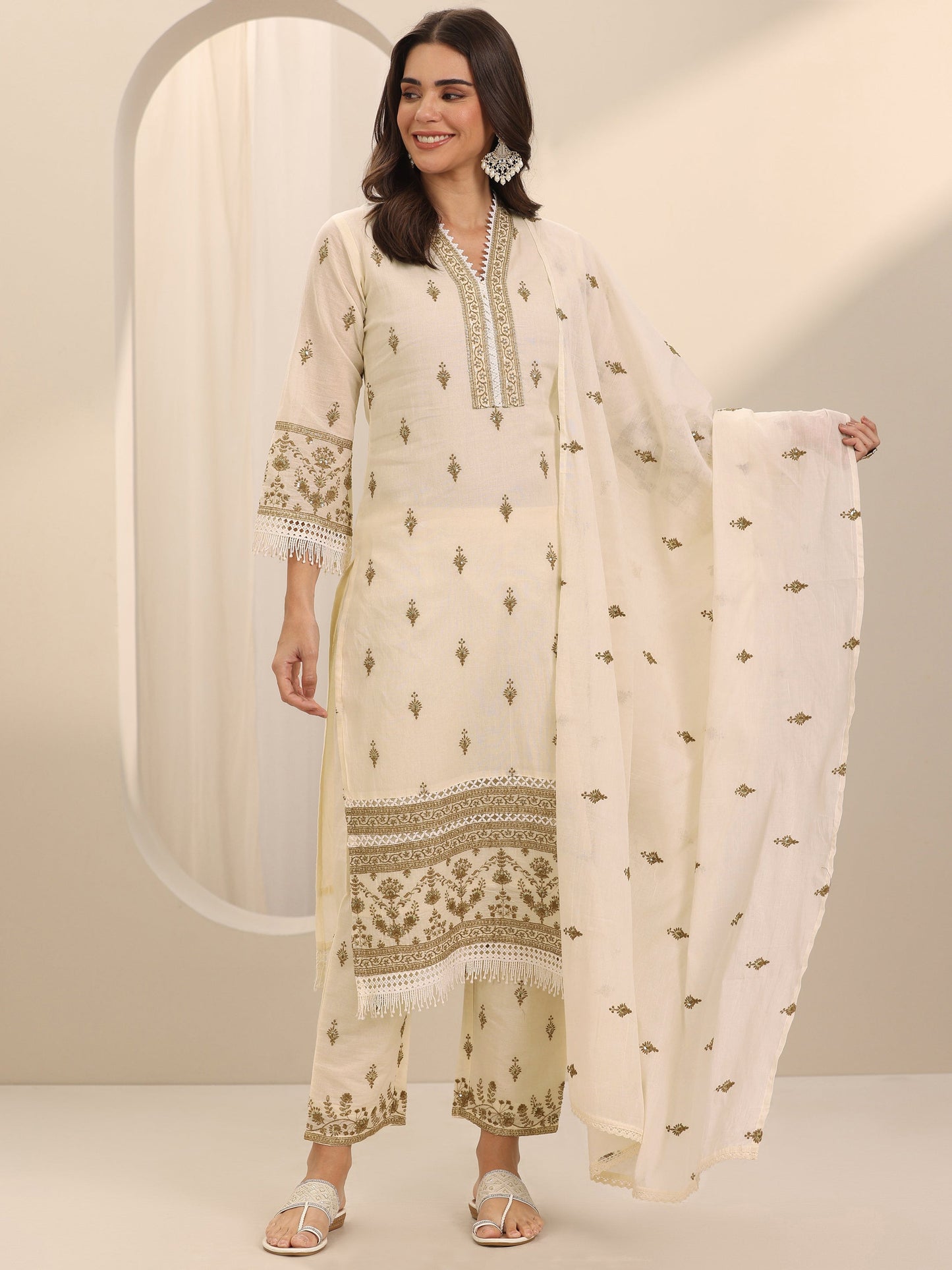 Off White Embroidered Cotton Straight Suit Set With Dupatta
