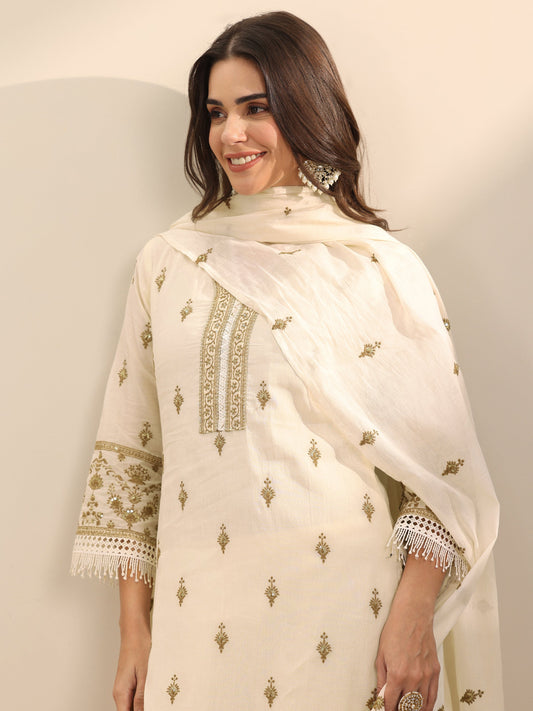 Off White Embroidered Cotton Straight Suit Set With Dupatta