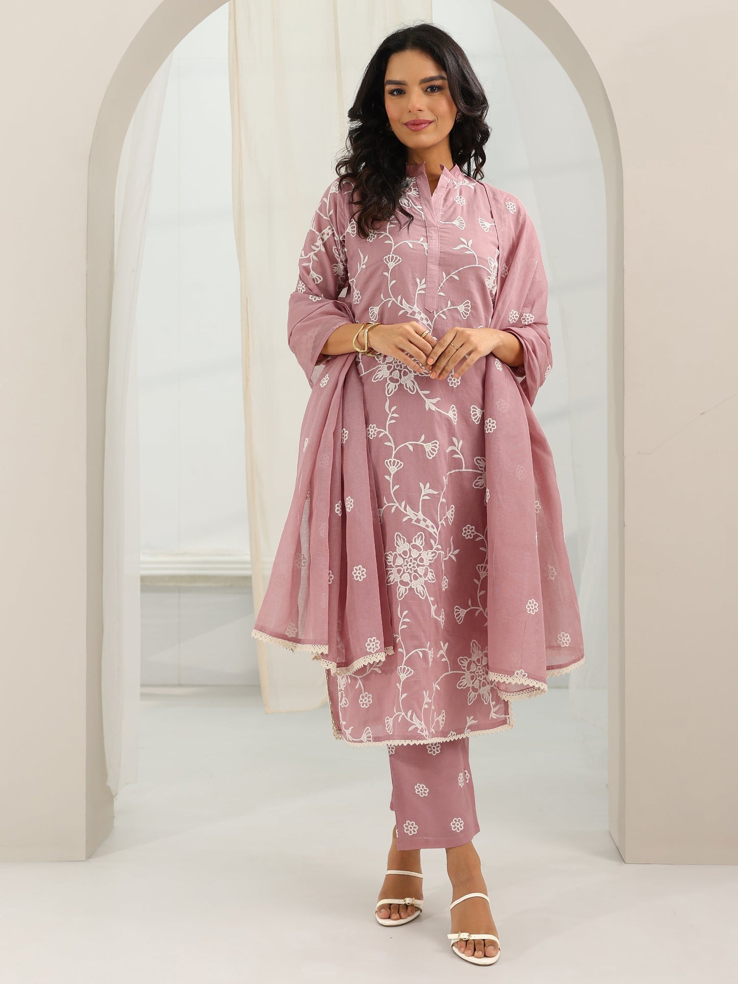 Pink Embroidered Cotton Straight Suit Set With Dupatta