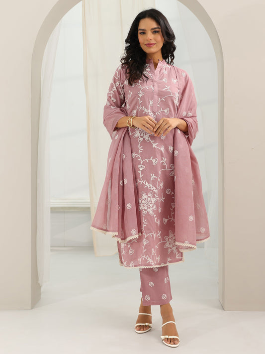 Pink Embroidered Cotton Straight Suit Set With Dupatta