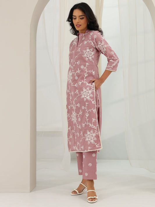 Pink Embroidered Cotton Straight Suit Set With Dupatta