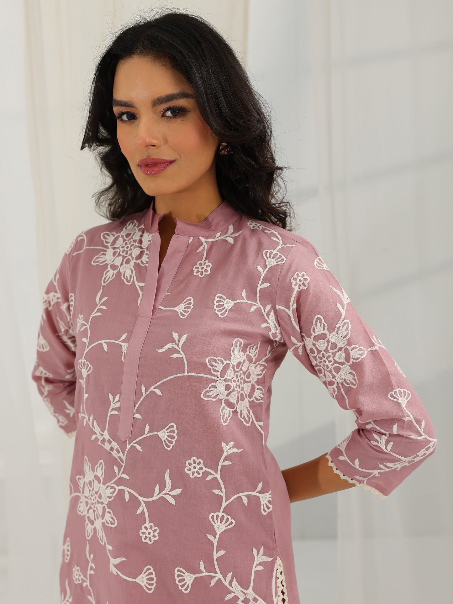 Pink Embroidered Cotton Straight Suit Set With Dupatta