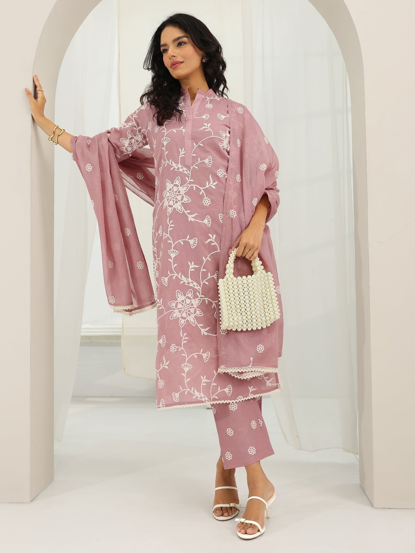 Pink Embroidered Cotton Straight Suit Set With Dupatta