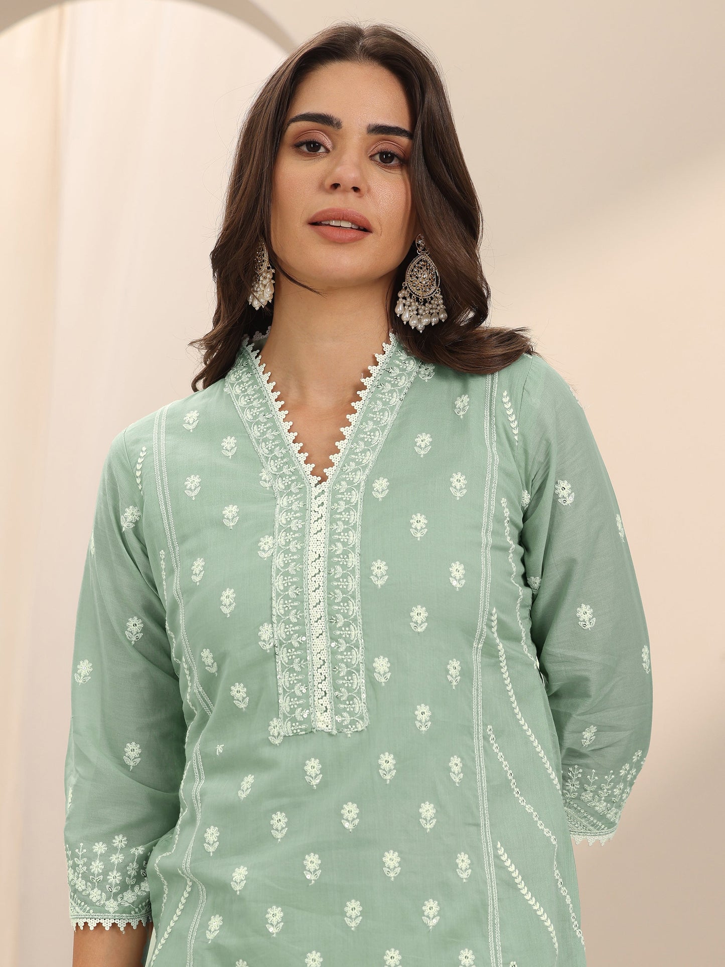 Green Embroidered Cotton Straight Suit Set With Dupatta