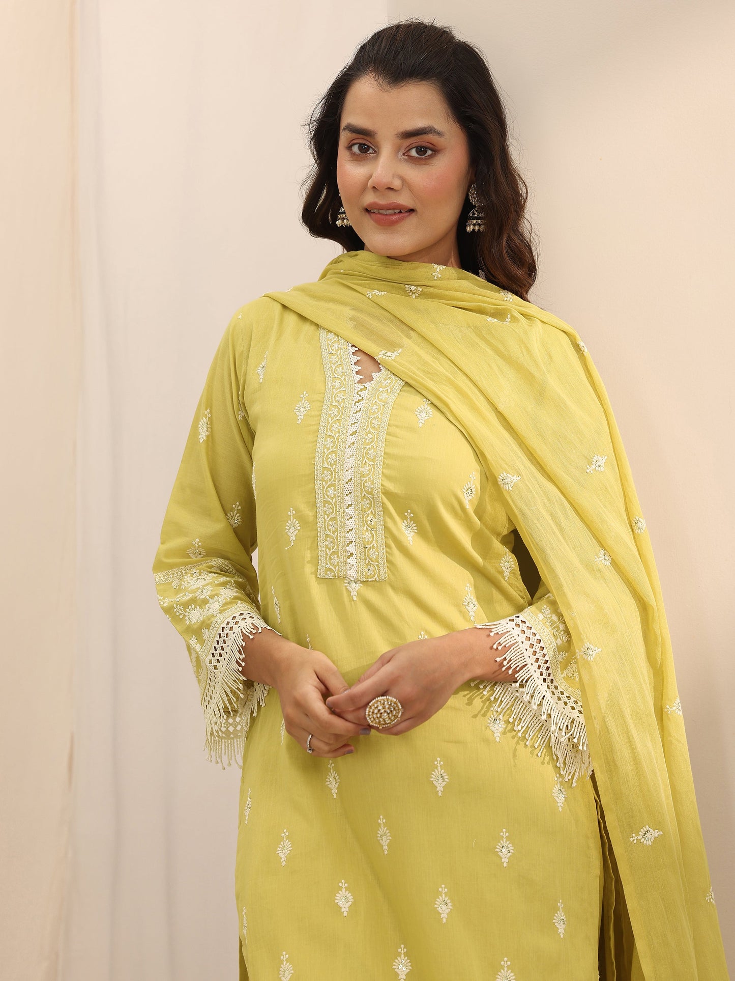 Yellow Embroidered Cotton Straight Suit Set With Dupatta