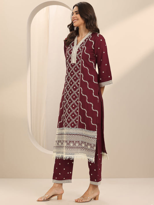Maroon Embroidered Silk Blend Straight Suit Set With Dupatta