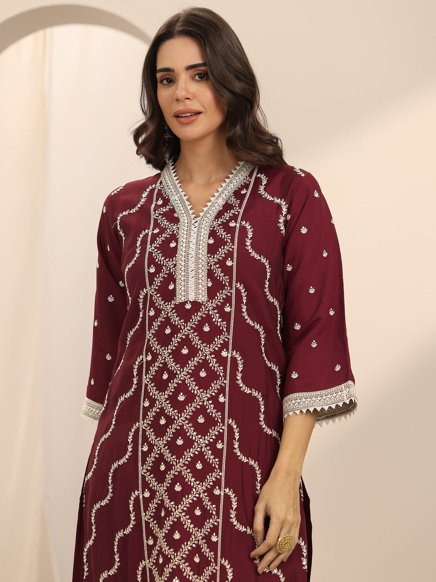 Maroon Embroidered Silk Blend Straight Suit Set With Dupatta