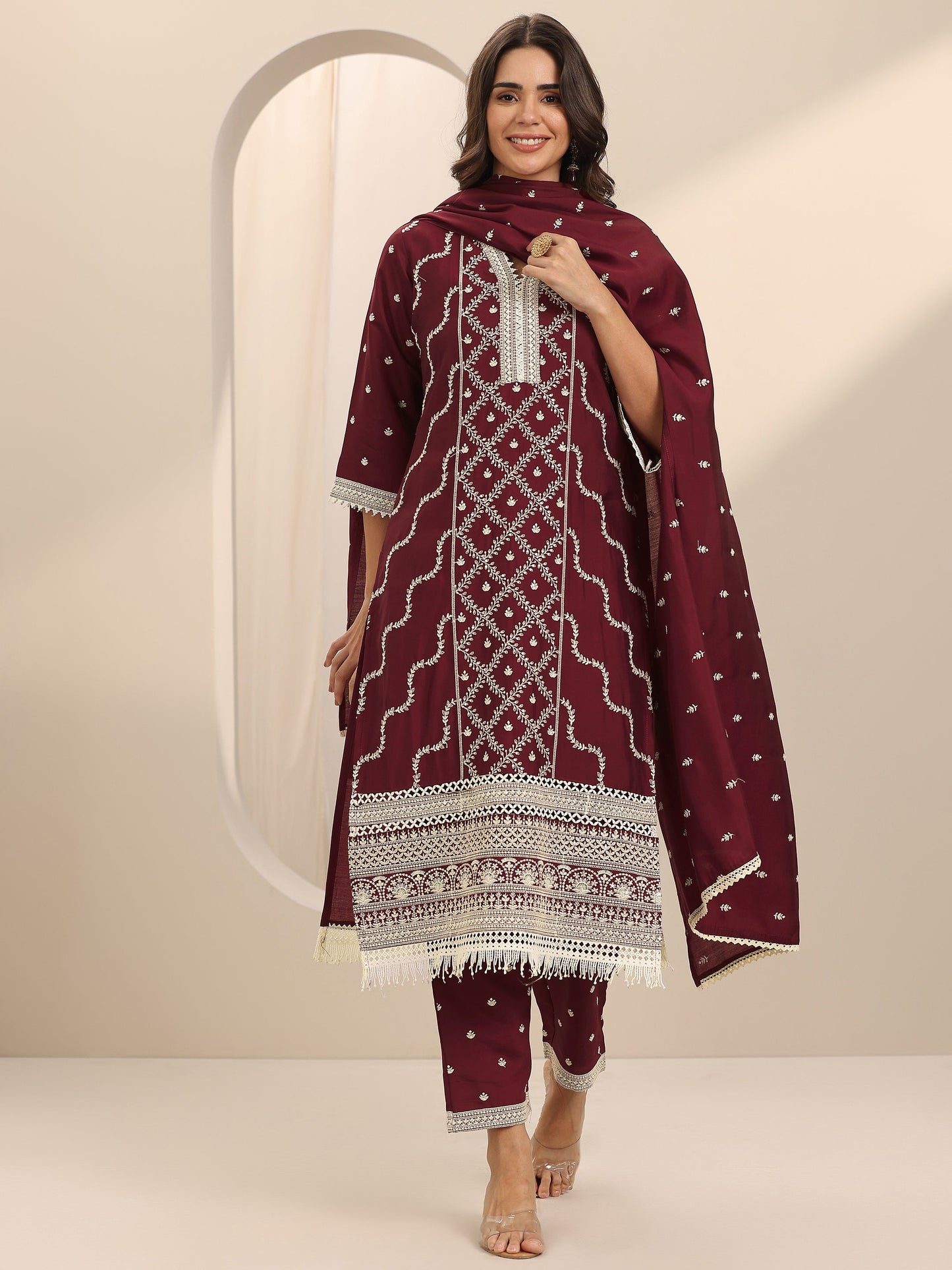 Maroon Embroidered Silk Blend Straight Suit Set With Dupatta