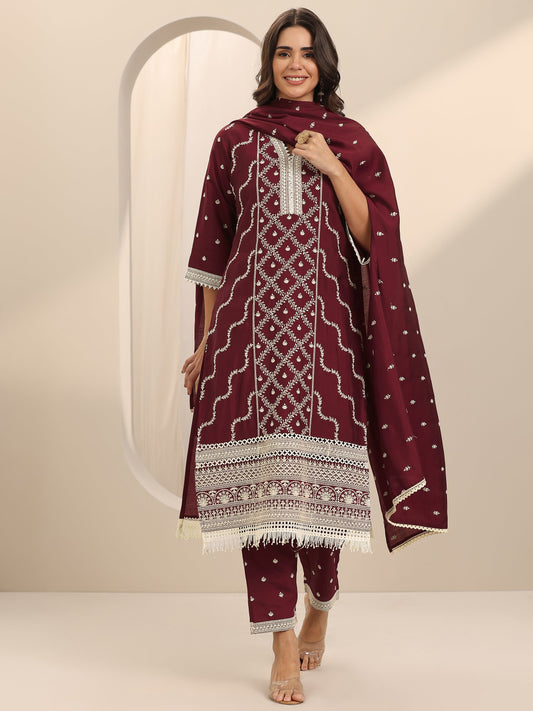 Maroon Embroidered Silk Blend Straight Suit Set With Dupatta