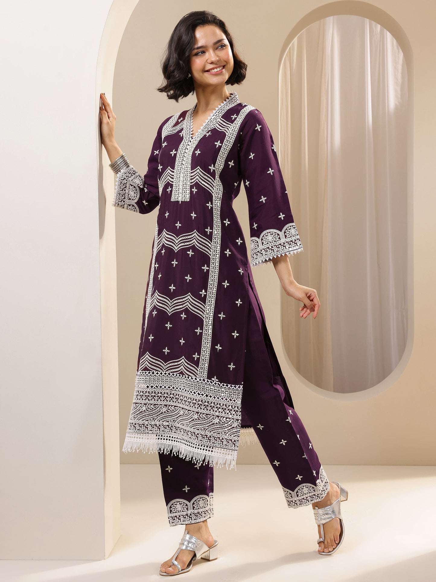 Burgundy Embroidered Silk Blend Straight Suit Sets With Dupatta