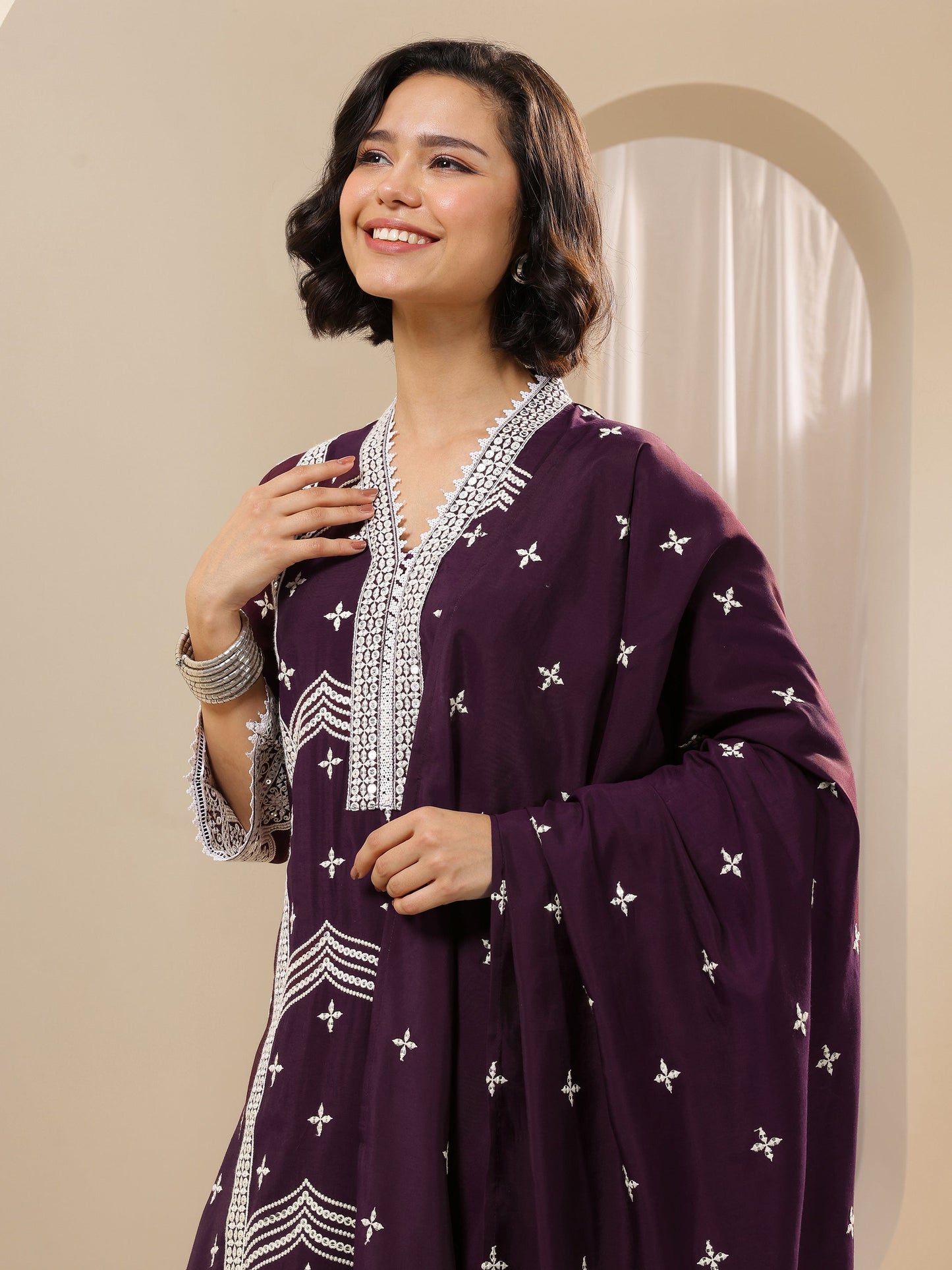 Burgundy Embroidered Silk Blend Straight Suit Sets With Dupatta