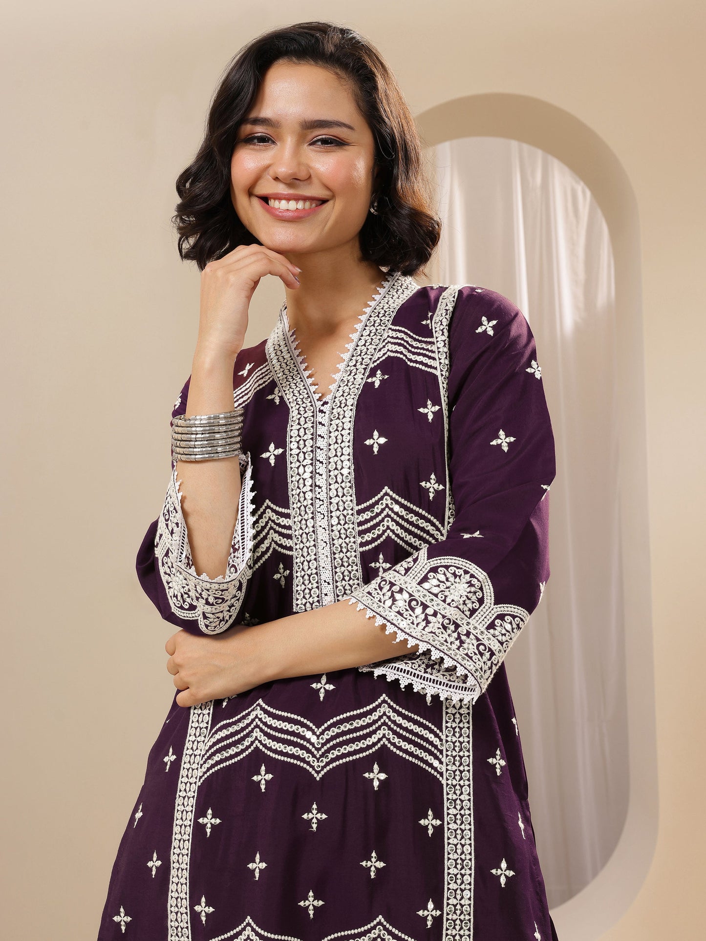 Burgundy Embroidered Silk Blend Straight Suit Sets With Dupatta