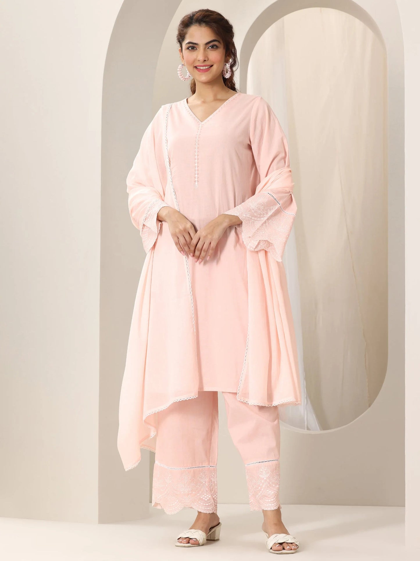Pink Solid Cotton Straight Suit Set With Dupatta