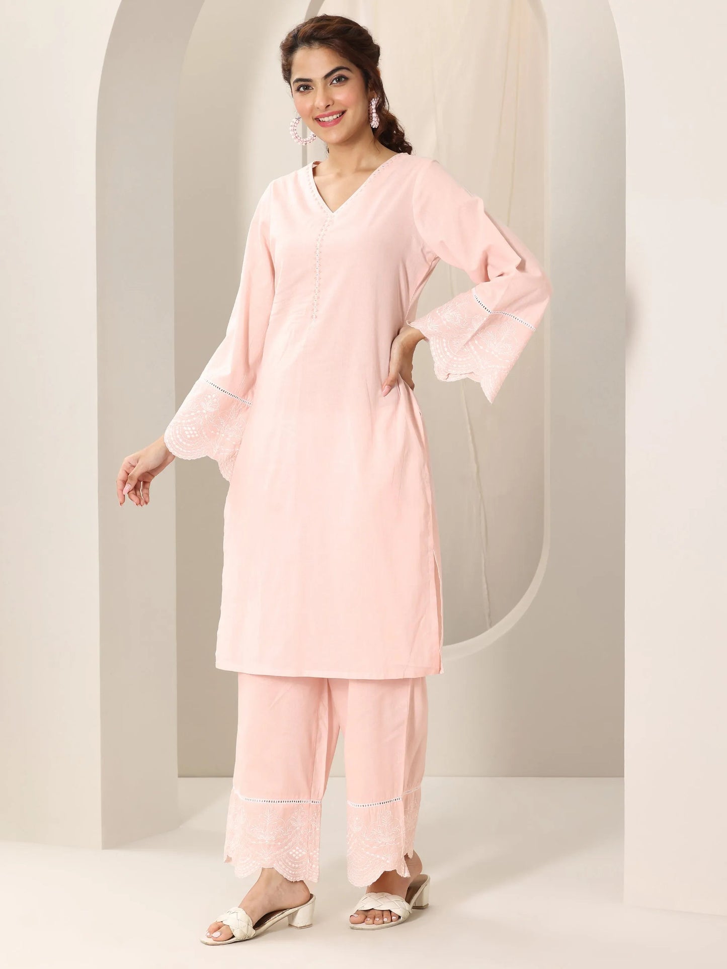 Pink Solid Cotton Straight Suit Set With Dupatta