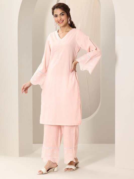 Pink Solid Cotton Straight Suit Set With Dupatta