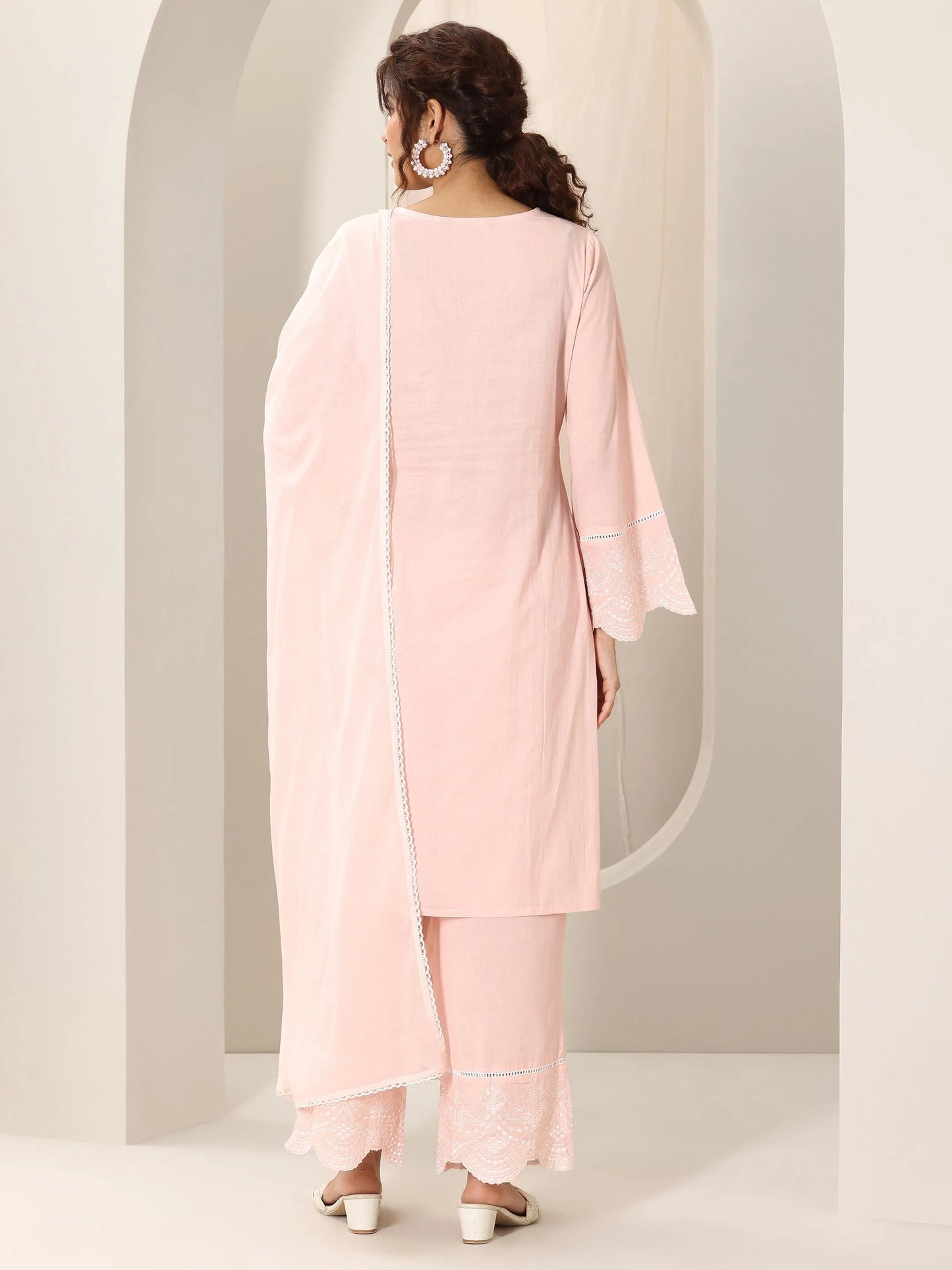 Pink Solid Cotton Straight Suit Set With Dupatta