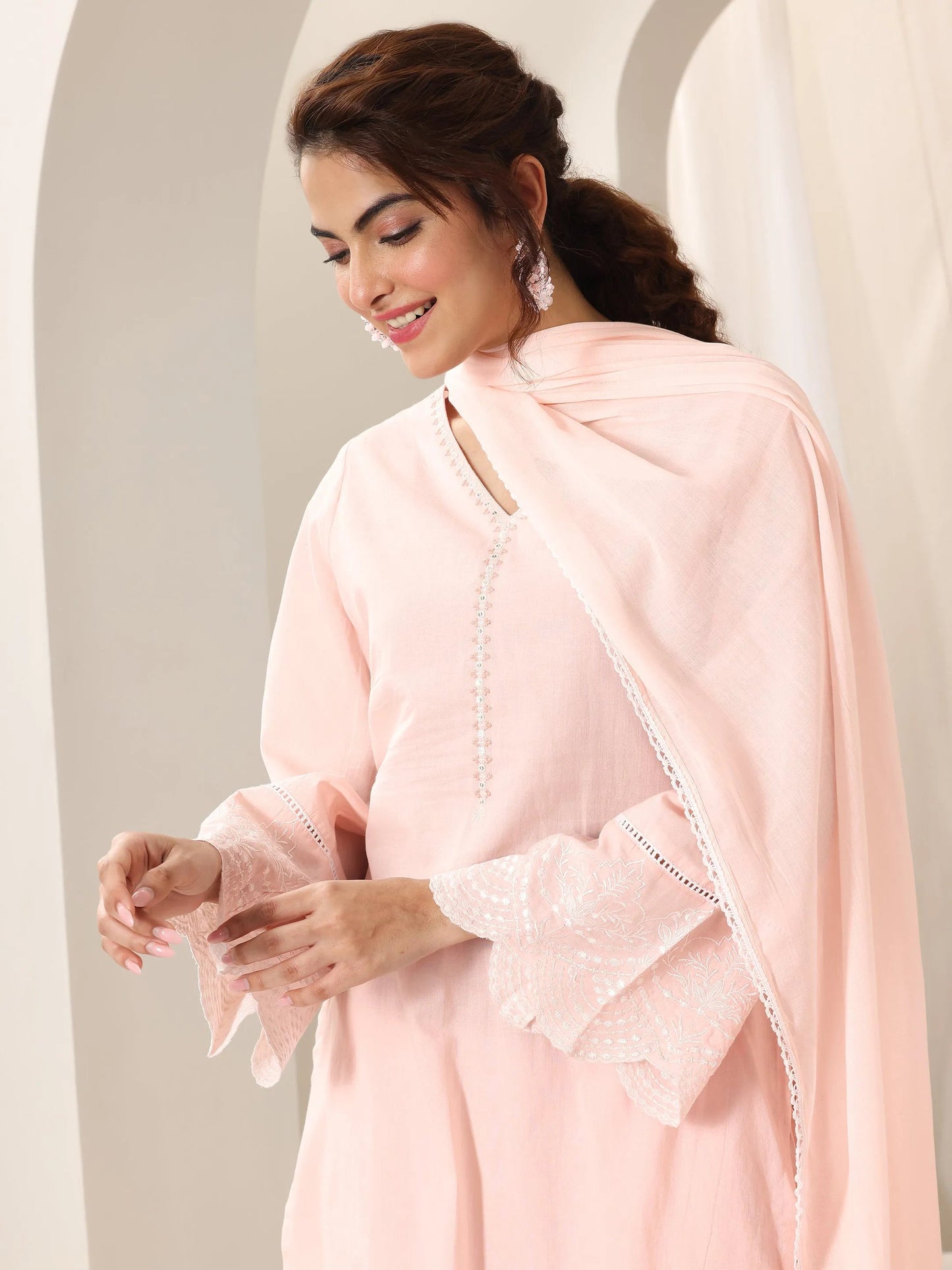 Pink Solid Cotton Straight Suit Set With Dupatta