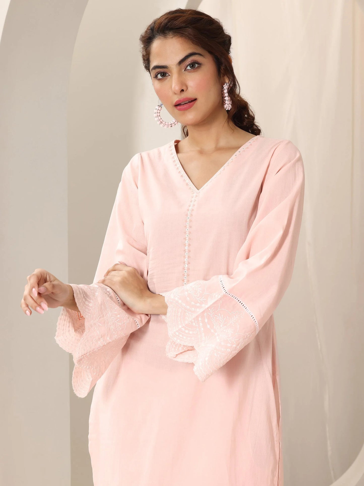 Pink Solid Cotton Straight Suit Set With Dupatta
