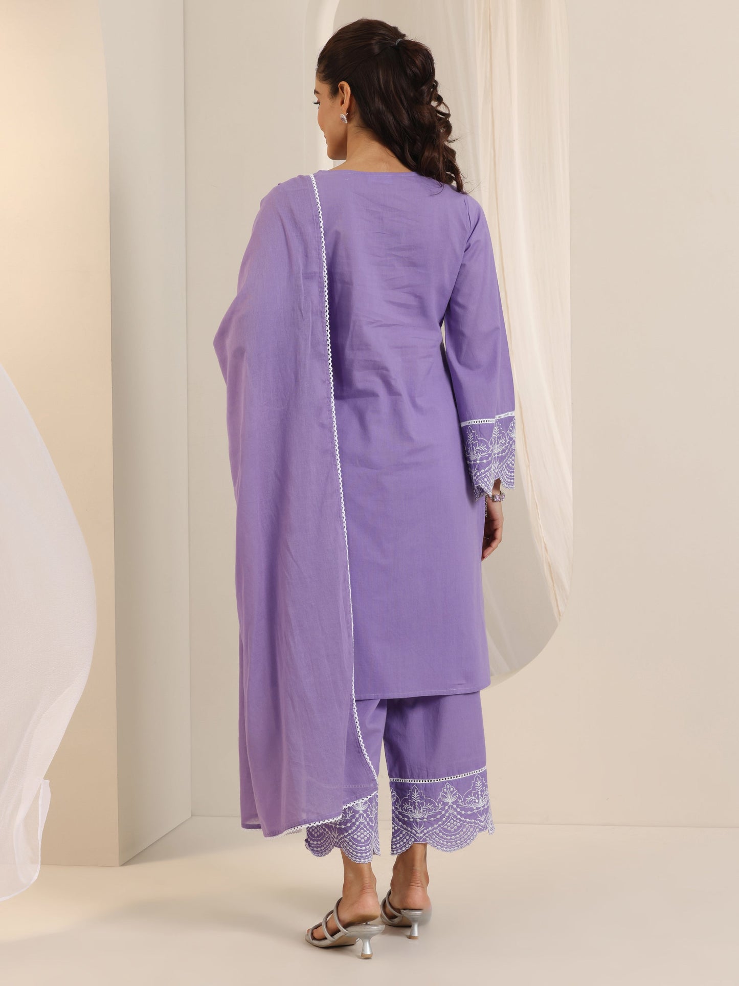 Purple Solid Cotton Straight Suit Set With Dupatta