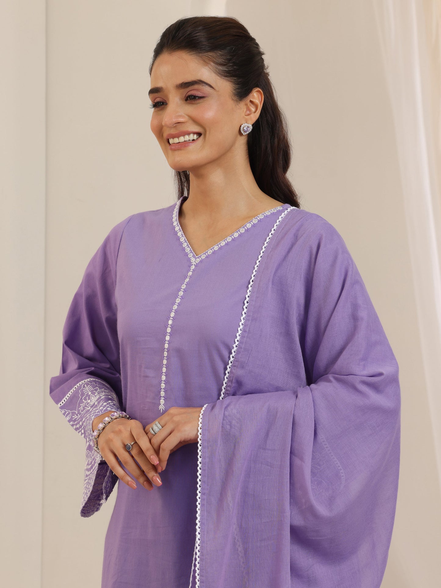 Purple Solid Cotton Straight Suit Set With Dupatta
