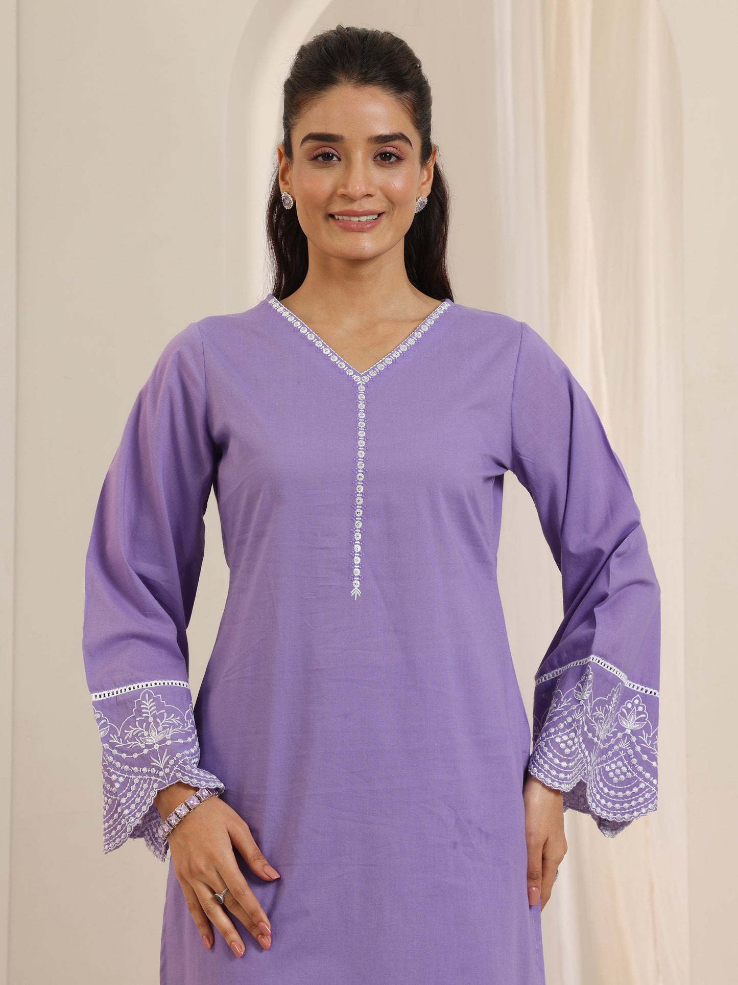 Purple Solid Cotton Straight Suit Set With Dupatta