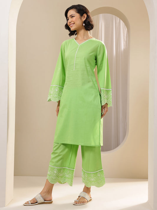 Green Solid Cotton Straight Suit Sets With Dupatta