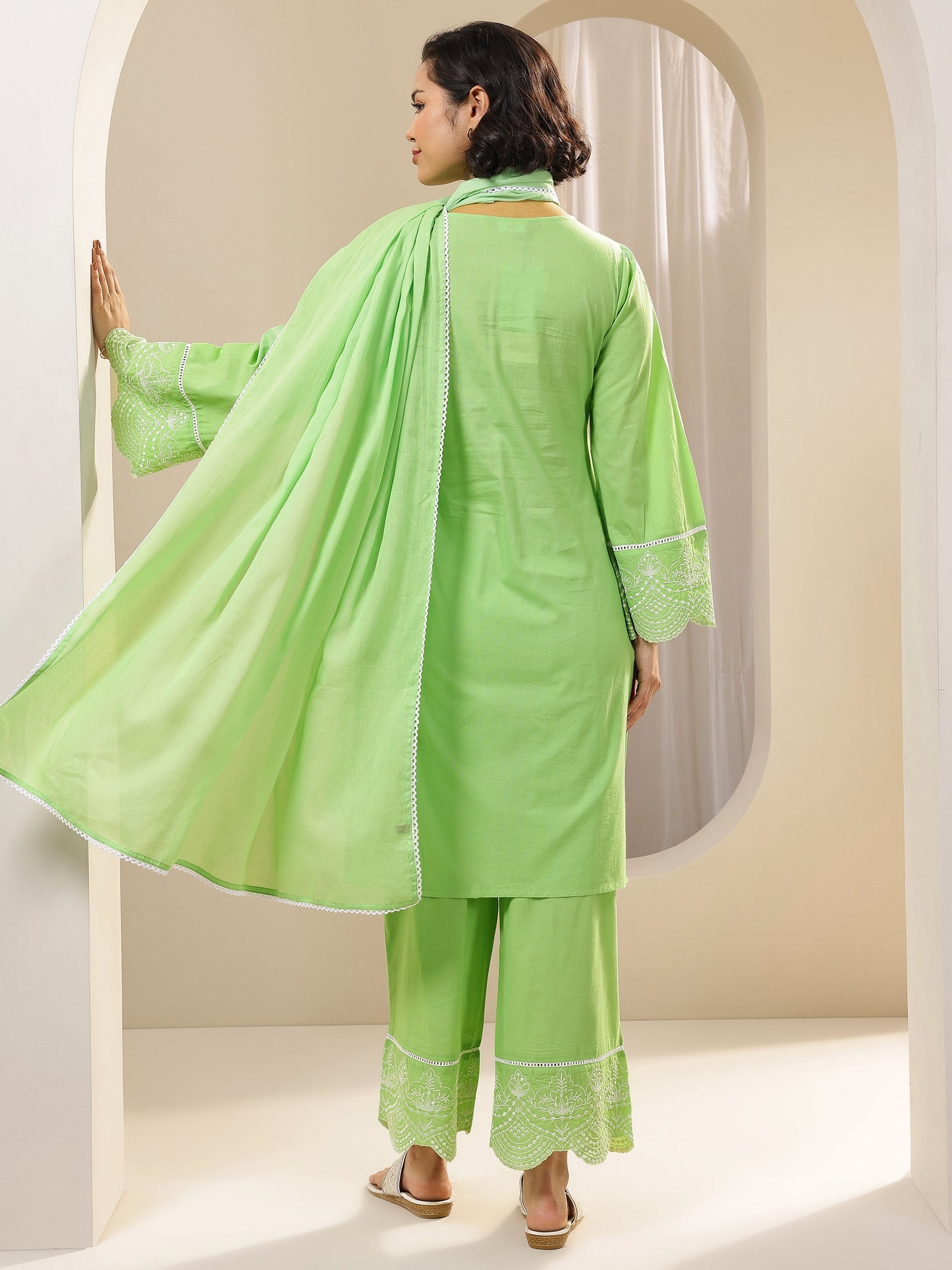 Green Solid Cotton Straight Suit Sets With Dupatta
