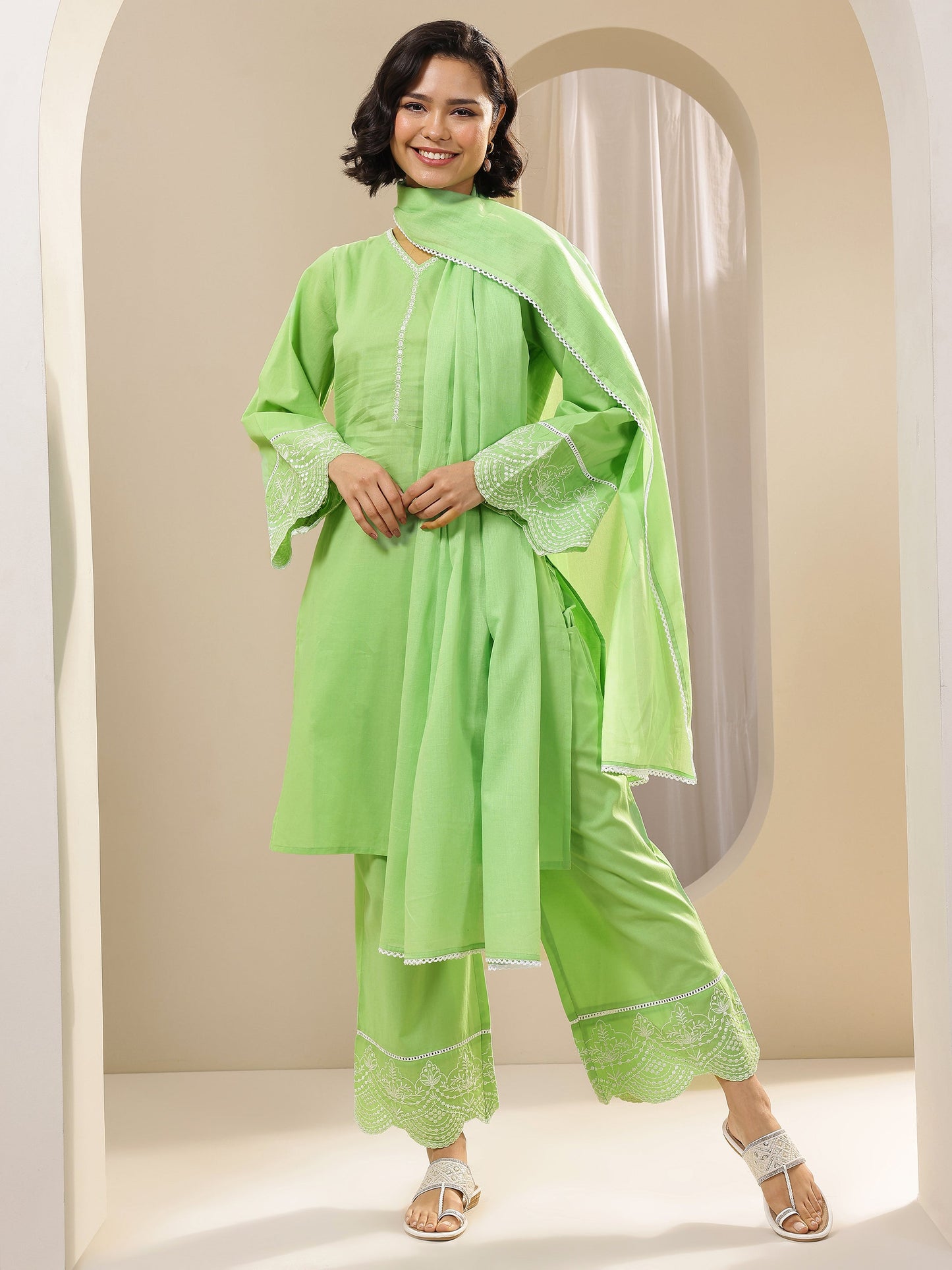 Green Solid Cotton Straight Suit Sets With Dupatta