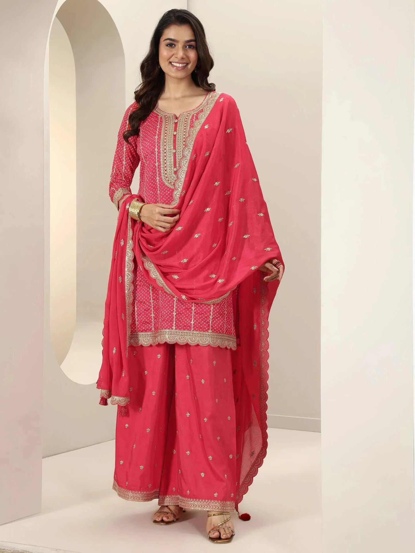 Red Printed Silk Blend Straight Suit Sets With Dupatta