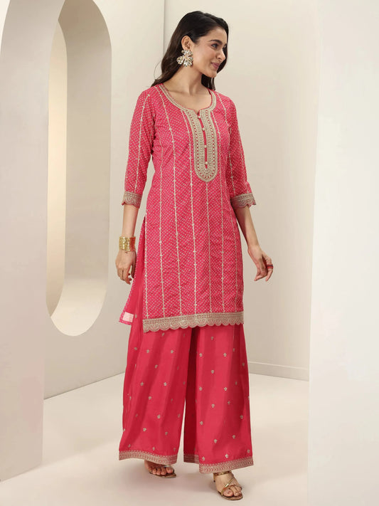 Red Printed Silk Blend Straight Suit Sets With Dupatta