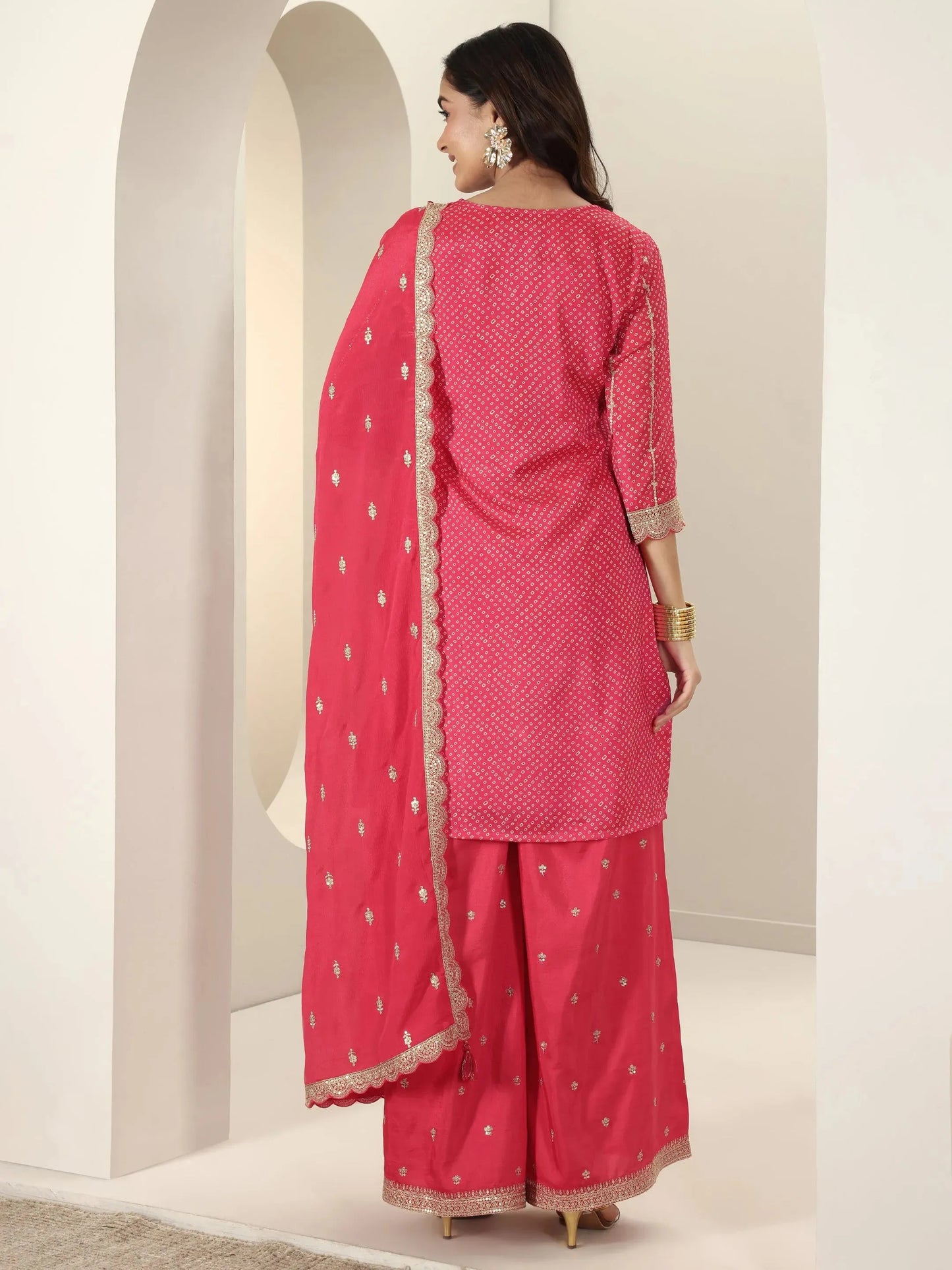 Red Printed Silk Blend Straight Suit Sets With Dupatta