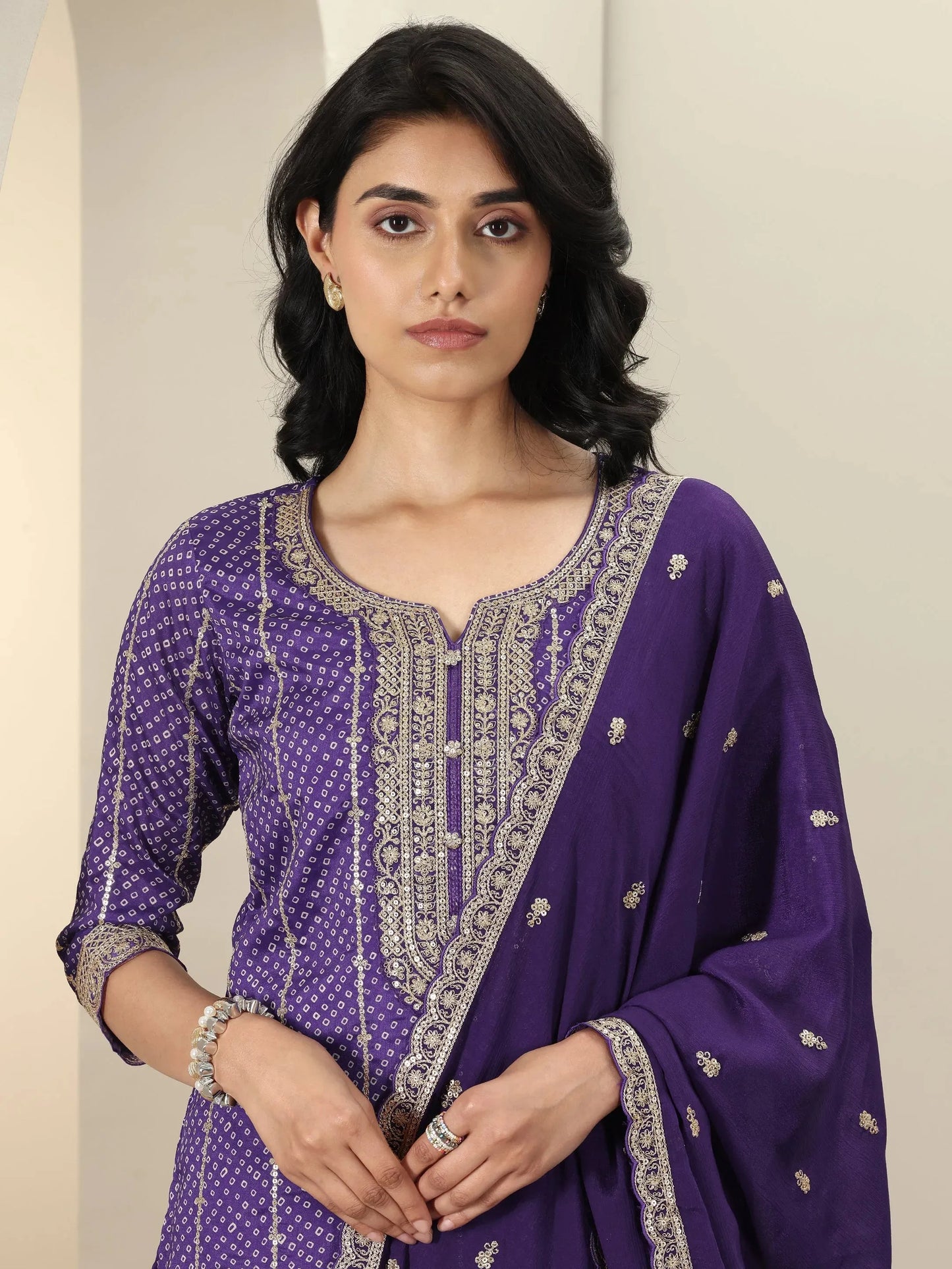 Purple Printed Silk Blend Straight Suit Sets With Dupatta