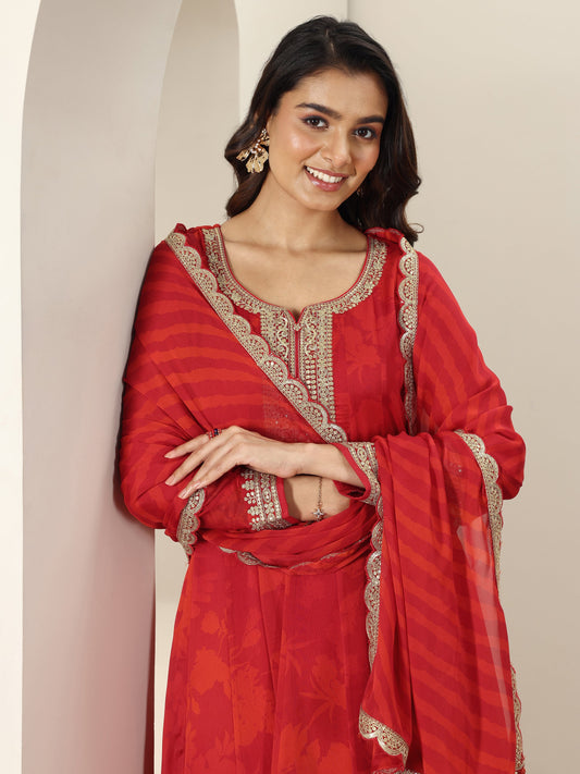 Red Embroidered Silk Blend Anarkali Suit Sets With Dupatta