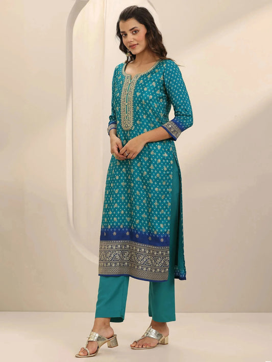 Blue Printed Silk Blend Straight Suit Set With Dupatta
