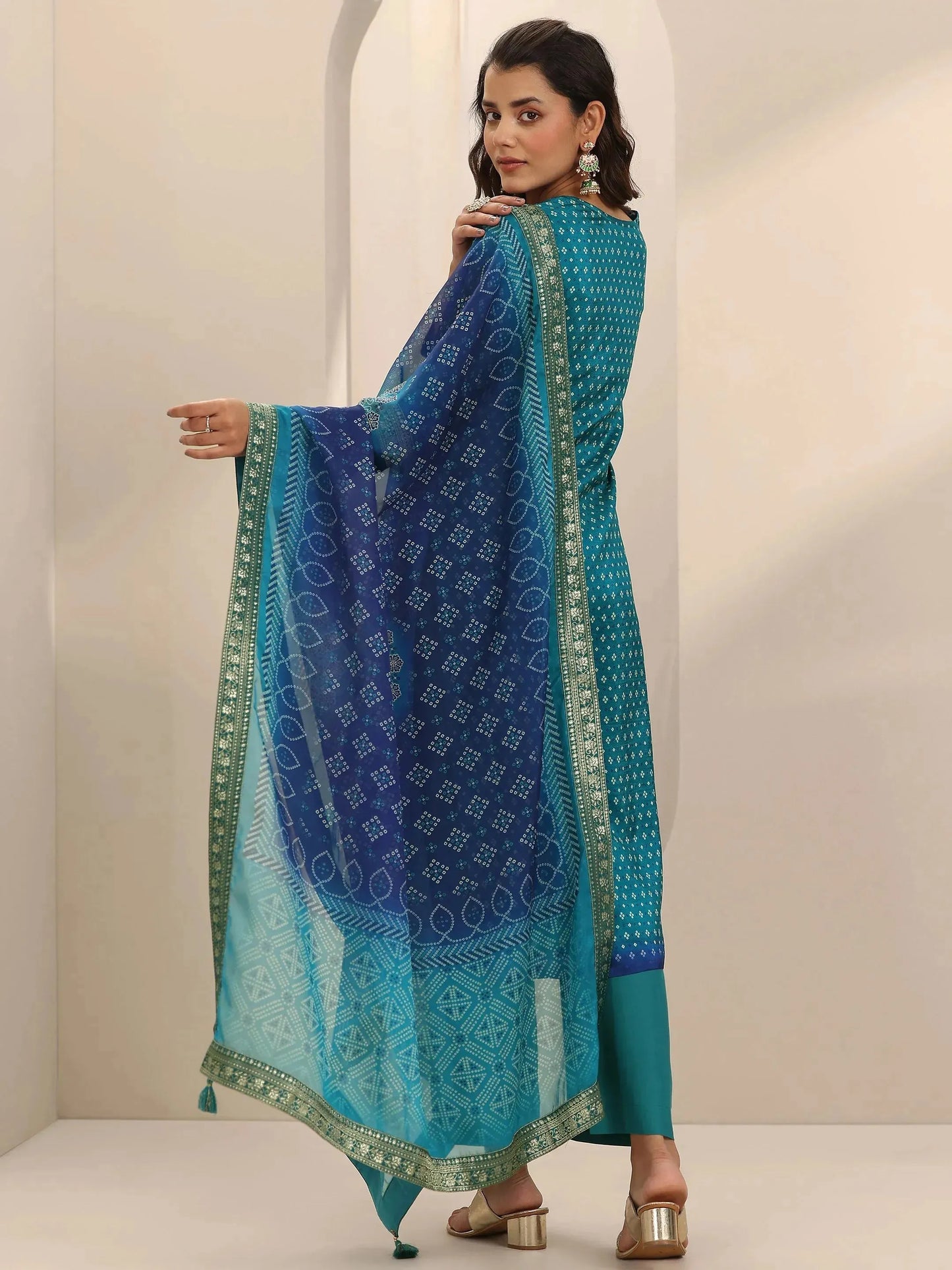 Blue Printed Silk Blend Straight Suit Set With Dupatta