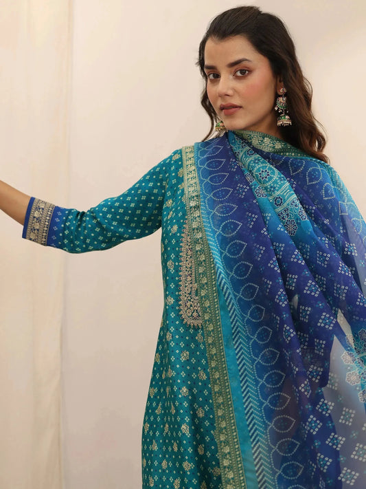Blue Printed Silk Blend Straight Suit Set With Dupatta
