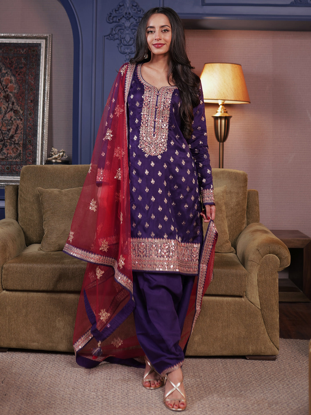 Libas Art Purple Embroidered Silk Blend Straight Suit Set With Dupatta