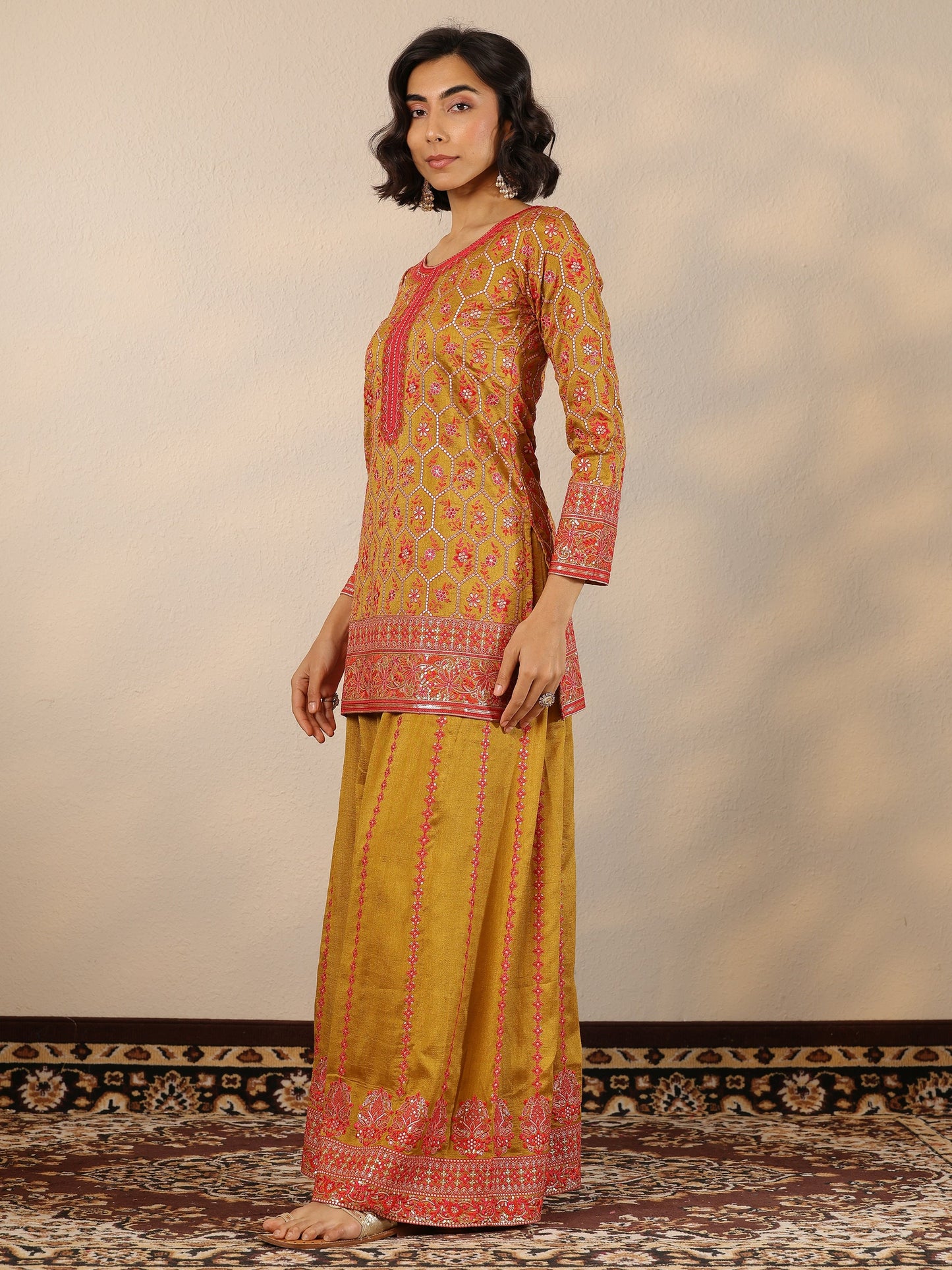 Libas Art Mustard Embroidered Silk Blend Straight Suit Set With Dupatta