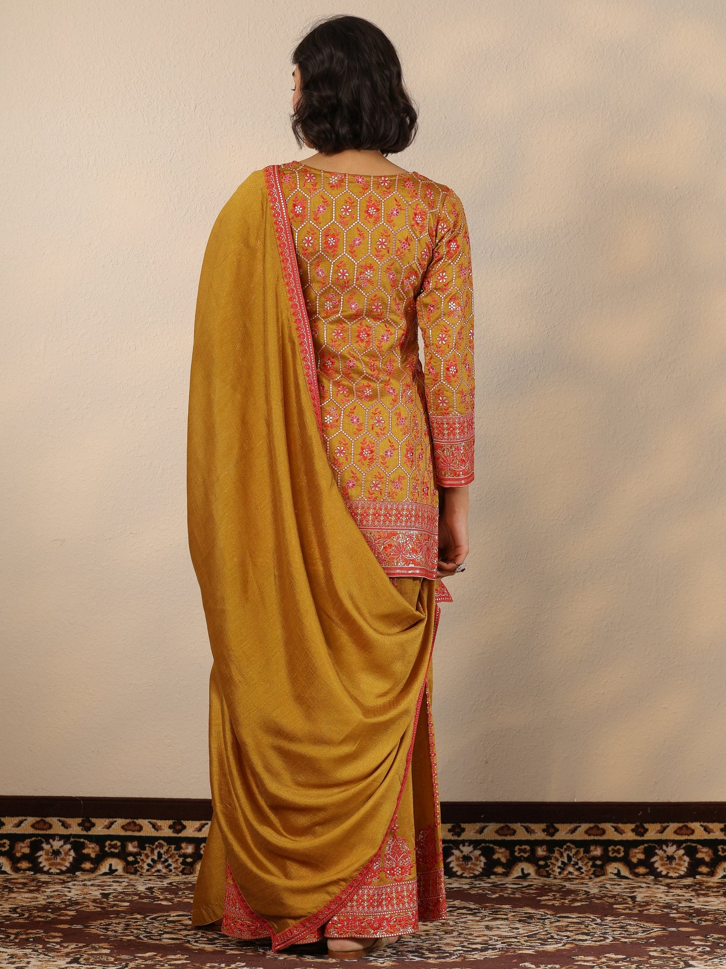 Libas Art Mustard Embroidered Silk Blend Straight Suit Set With Dupatta