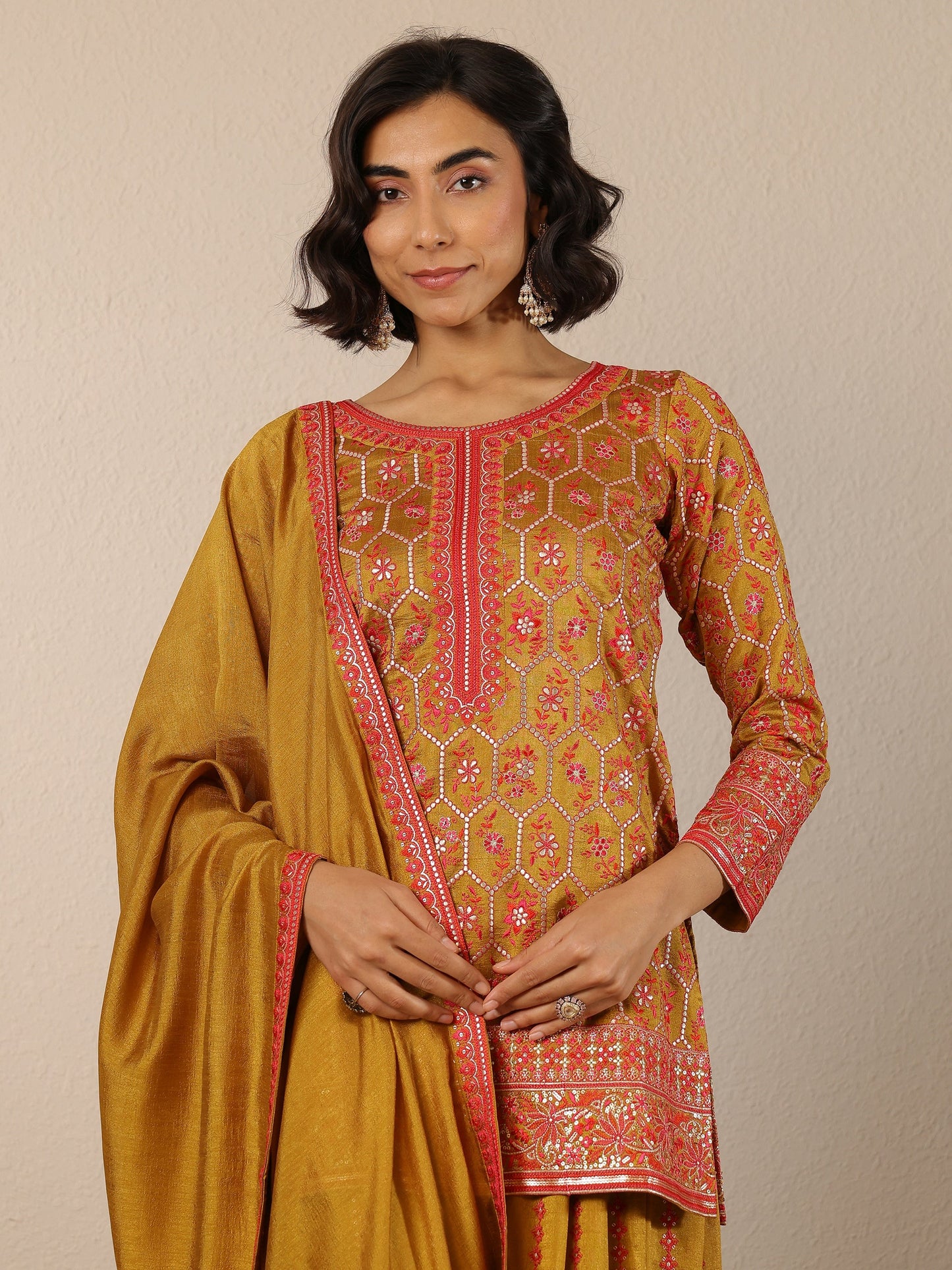 Libas Art Mustard Embroidered Silk Blend Straight Suit Set With Dupatta