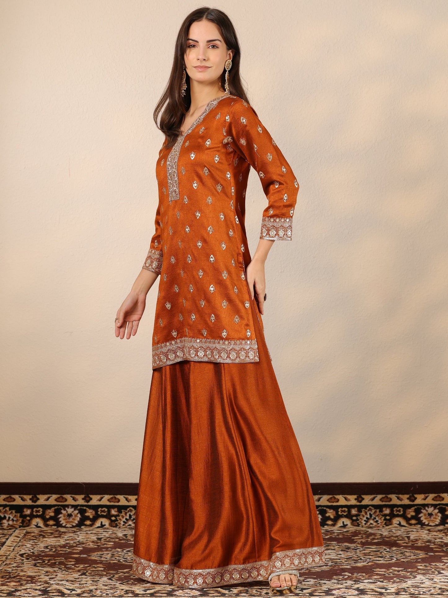 Libas Art Brown Embroidered Silk Blend Straight Suit Set With Dupatta