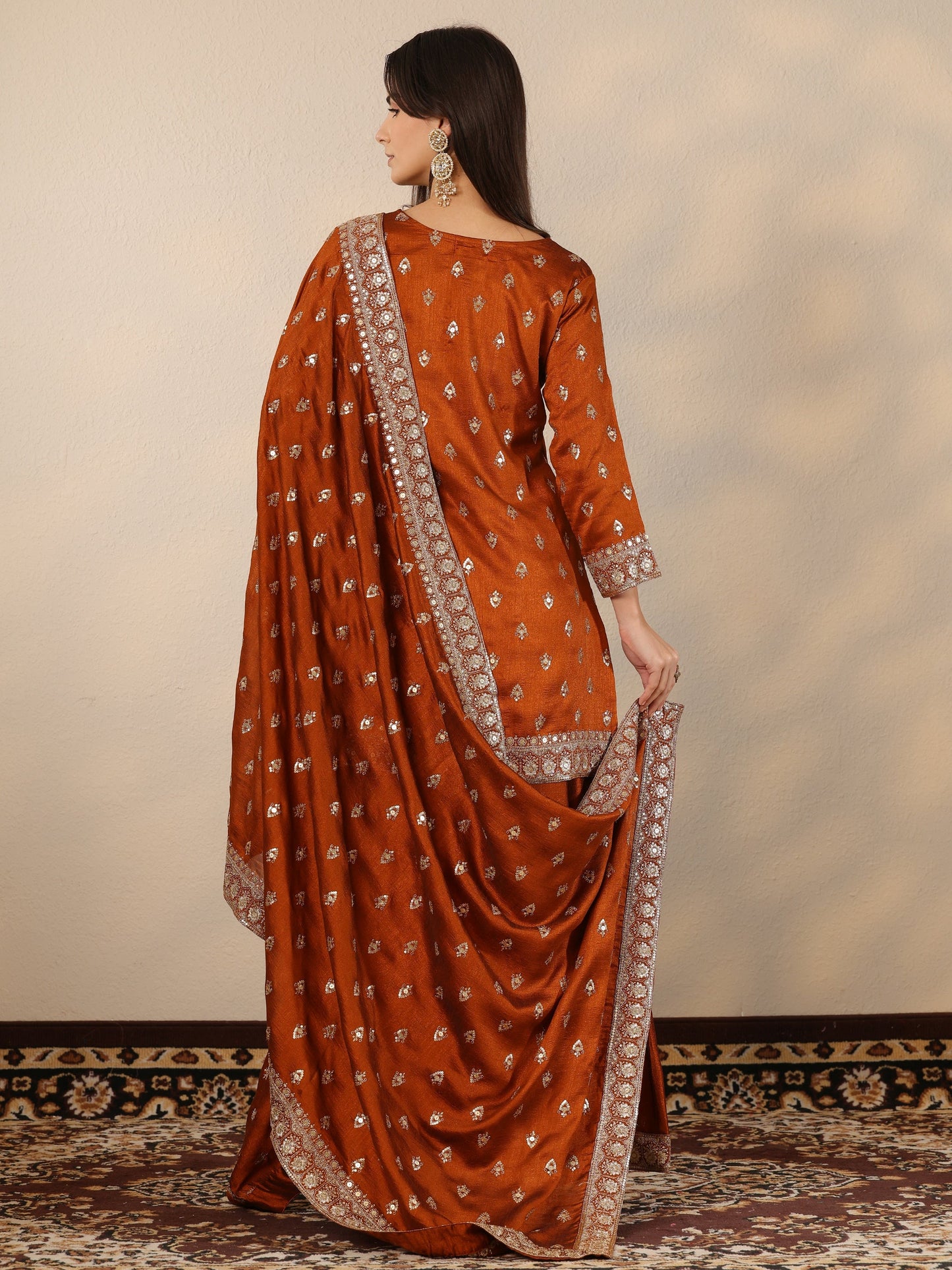 Libas Art Brown Embroidered Silk Blend Straight Suit Set With Dupatta