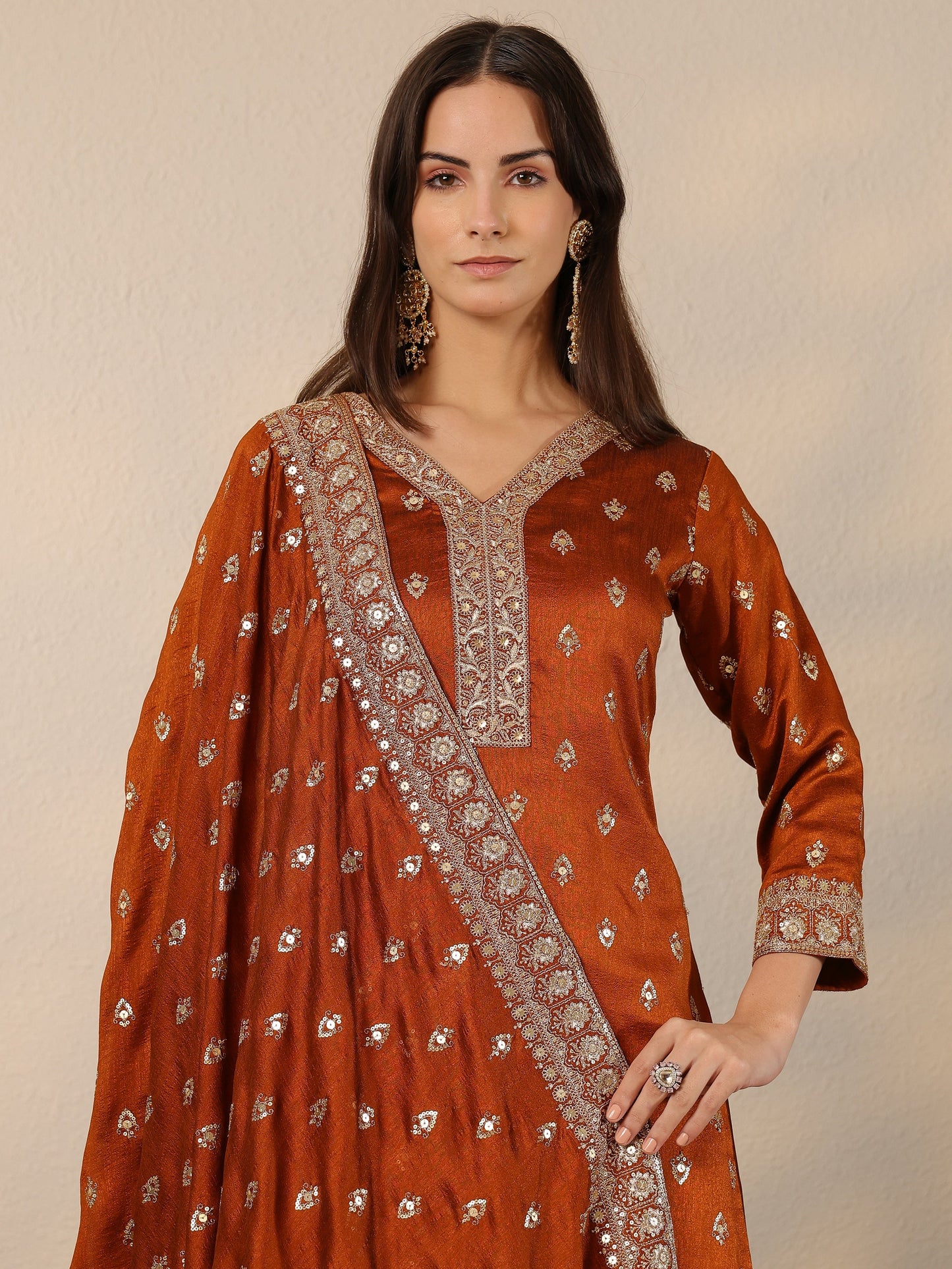 Libas Art Brown Embroidered Silk Blend Straight Suit Set With Dupatta