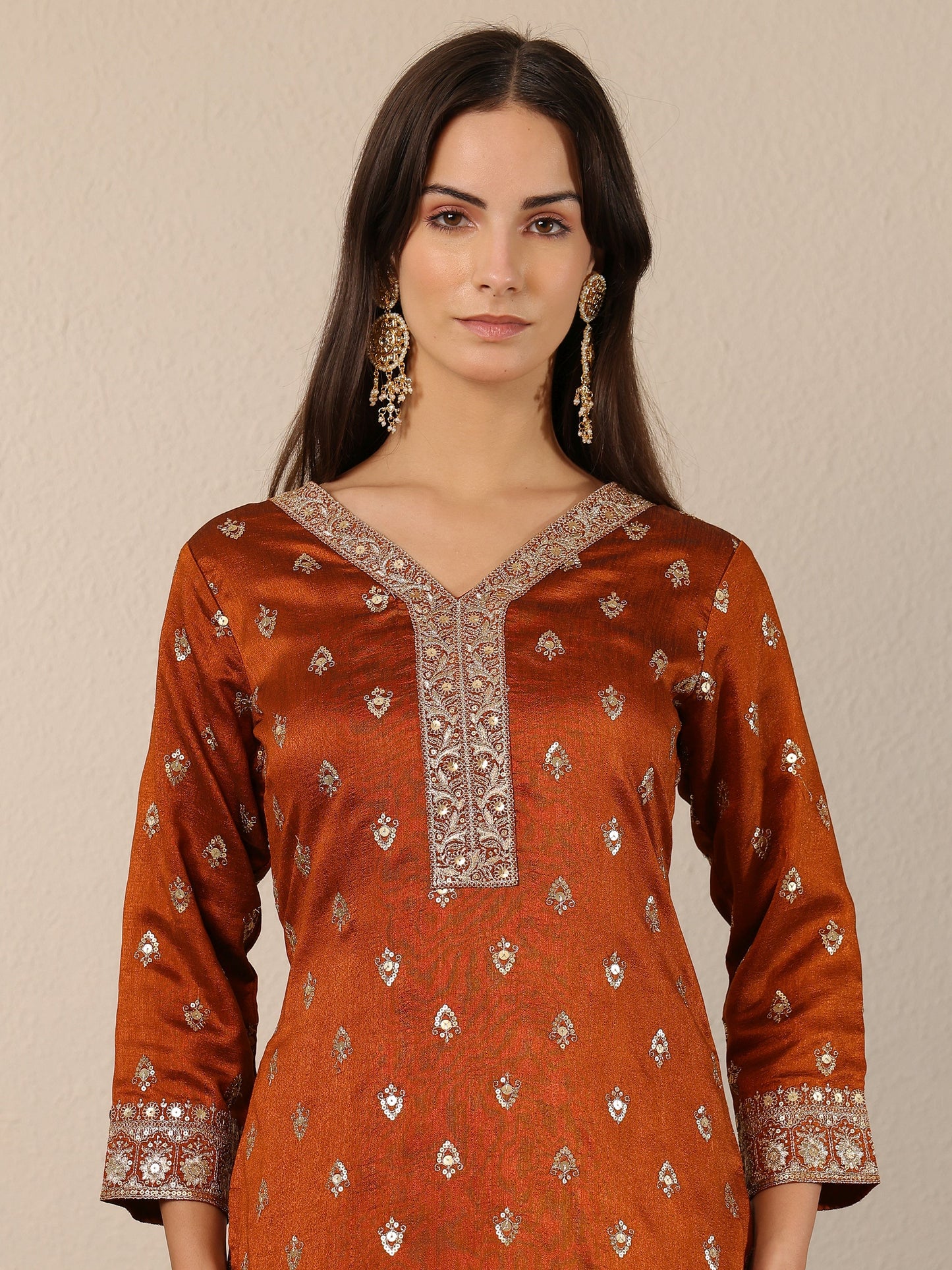 Libas Art Brown Embroidered Silk Blend Straight Suit Set With Dupatta